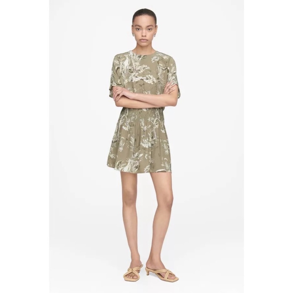 NWT ANINE BING Kaine Brown Green Tropical Print Short Sleeved Mini Dress L